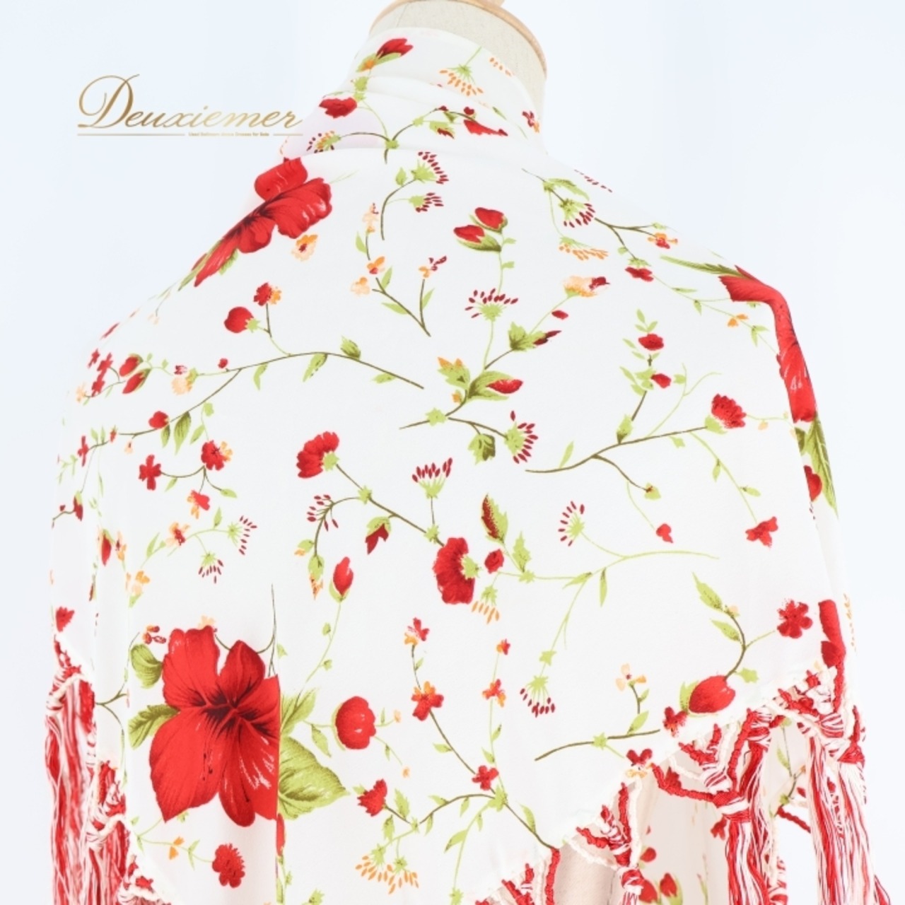 フラメンコ 衣装 シージョ トライアングル 三角形 フレコ 花柄 ハイビスカス 白 赤 フリンジ フレコ ホワイト系 レッド系 フラメンコ 衣装 ダンス衣装 コスチューム 花柄デザイン おしゃれ ハワイアンスタイル 軽量