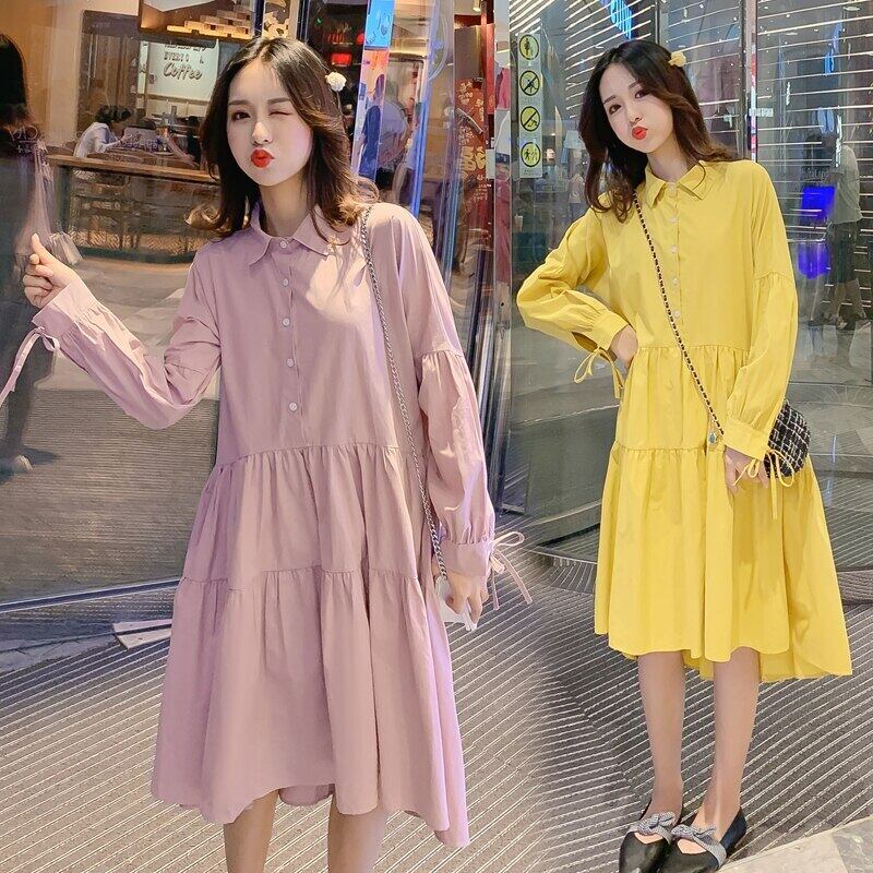 【新作】【送料無料】 8229＃マタニティドレス春秋コットン長袖無地ルーズスタイリッシュドレス妊婦ママドレス ロング スプリング 春物 オータム 秋物 ソリッドカラー AL expec317001415312