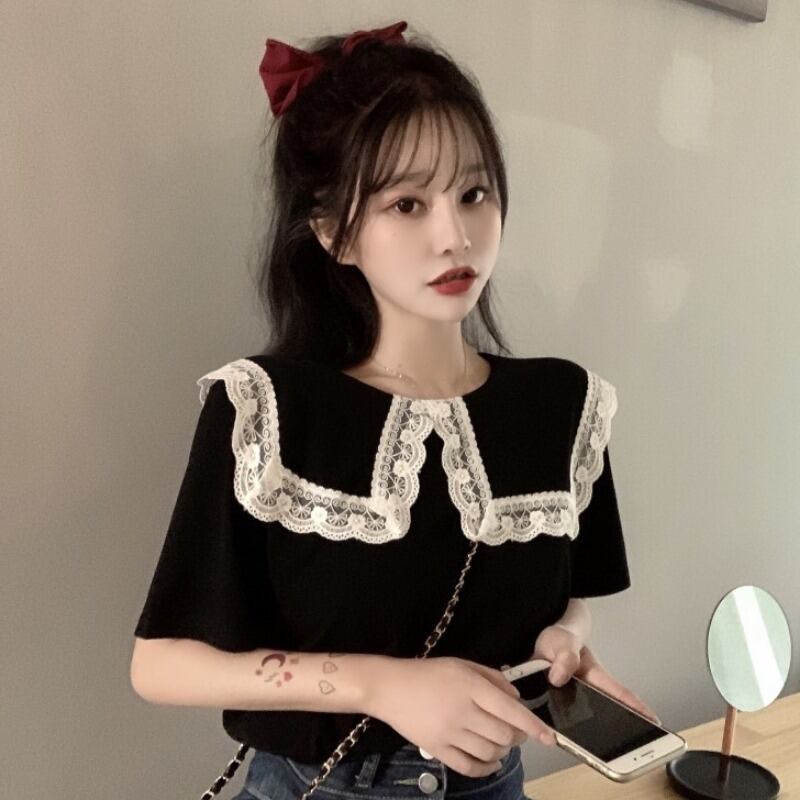 2020年夏の新しい香港フレーバーレトロレースドールカラーTシャツ女性フリルルーズ半袖トップ 1号婦人83987998323