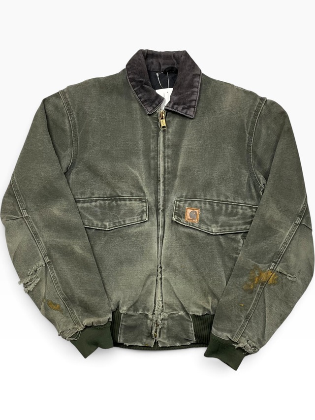 《M》 Carhartt カーハート ボンバージャケット 希少モデル 希少サイズ フェード ダメージ 前両ポケット 襟コーデュロイ ワンポイントロゴ モスグリーン no.10625