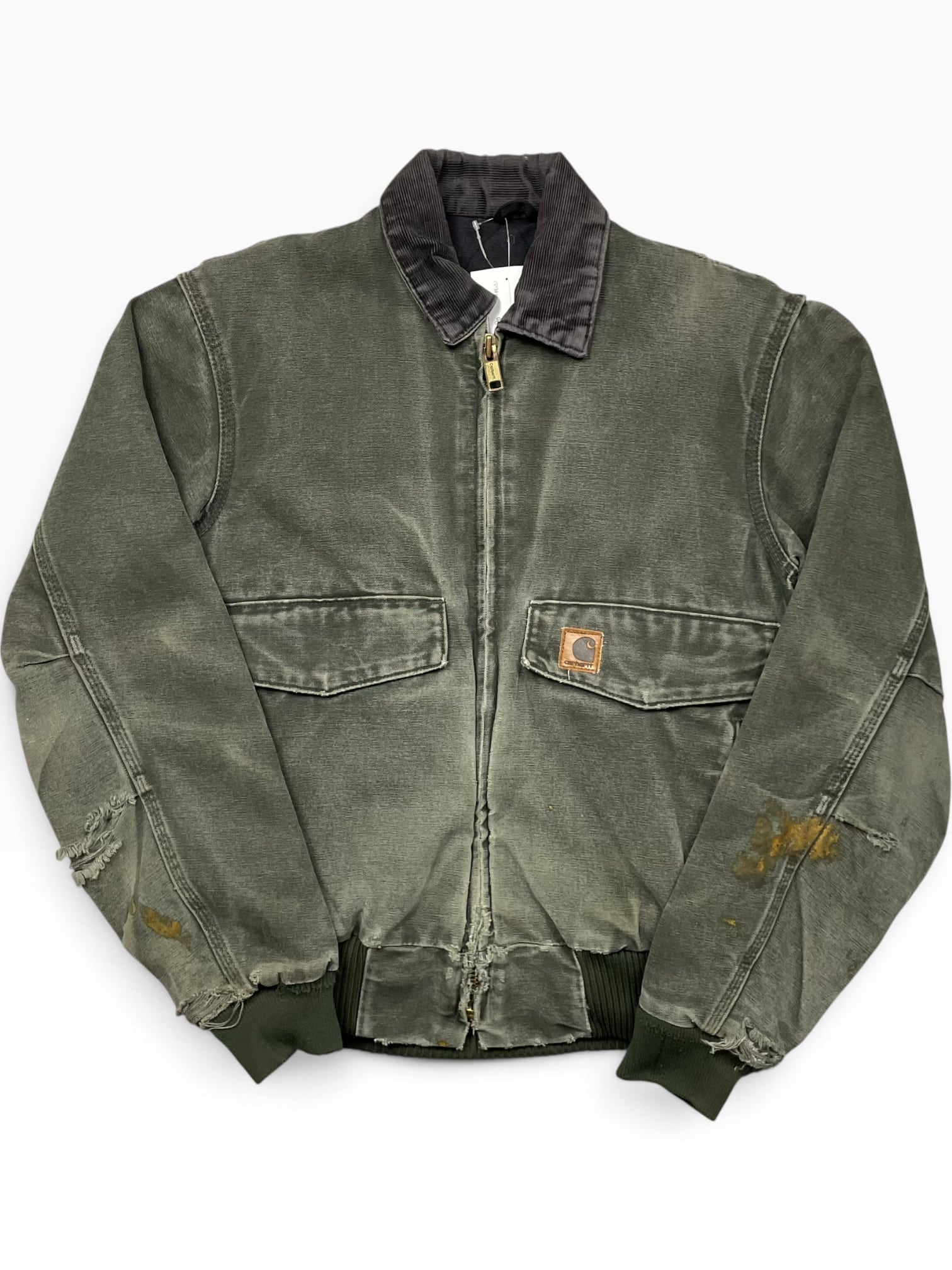 《M》 Carhartt カーハート ボンバージャケット 希少モデル 希少サイズ フェード ダメージ 前両ポケット 襟コーデュロイ ワンポイントロゴ モスグリーン no.10625
