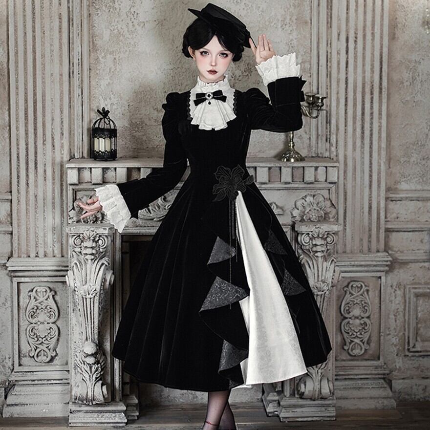 耽美なベロアゴスロリドレス 5点セット|漆黒×白フリルの修道女風ロングワンピ