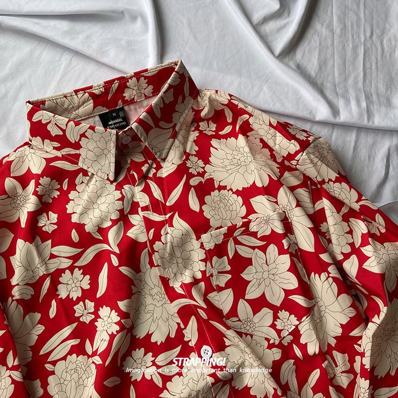 STRAPPINGシリーズ】☆シャツ☆ トップス 男女兼用 メンズ レッド 赤い 花柄シャツ 長袖シャツ 薄い | elegant