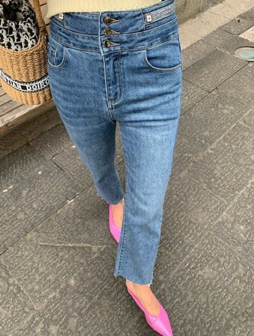 3size / ラインストーンハイウエストデニム