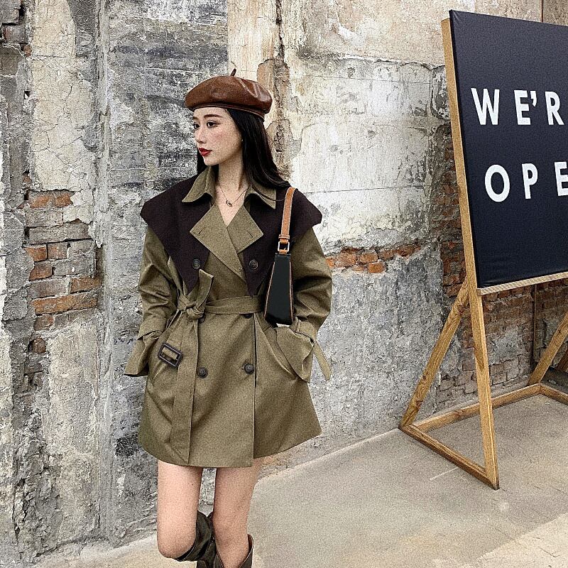 ショールカーキラペルスーツウインドブレーカージャケット女性の2020年秋ルーズミドル丈テンペラメントコート ブラックストロベリース69817447854