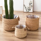 木製風 ラタン編み込みバスケット3個セット ︱ かご 鉢カバー 収納 持ち手付き 大小サイズ 観葉植物 フラワーポット インテリア 木製雑貨