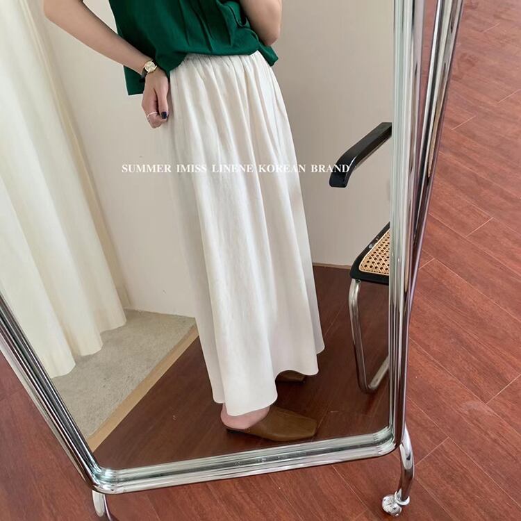 ソリッド カラープリーツストレッチウェストスカート サマー薄手ハイウェストカジュアルルーズ エラスティック 伸縮 夏物 ソリッドカラー ビッグFスモールZ韓国35518200663