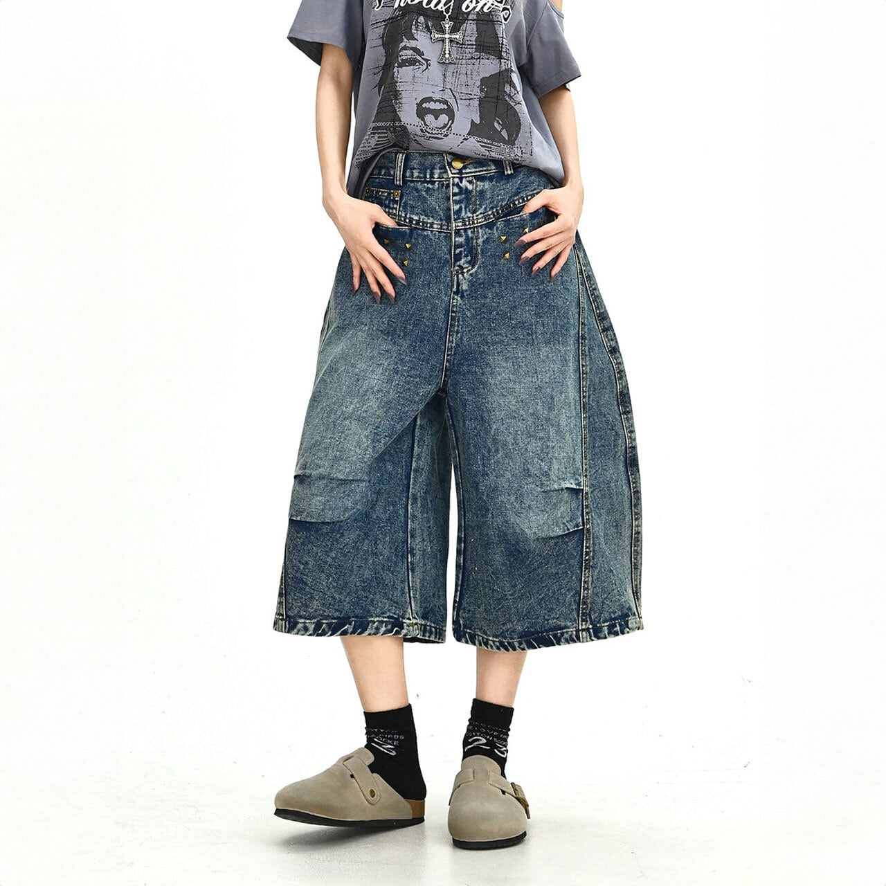 スタッズアクセントバギークロップドデニムパンツ 1col R02026