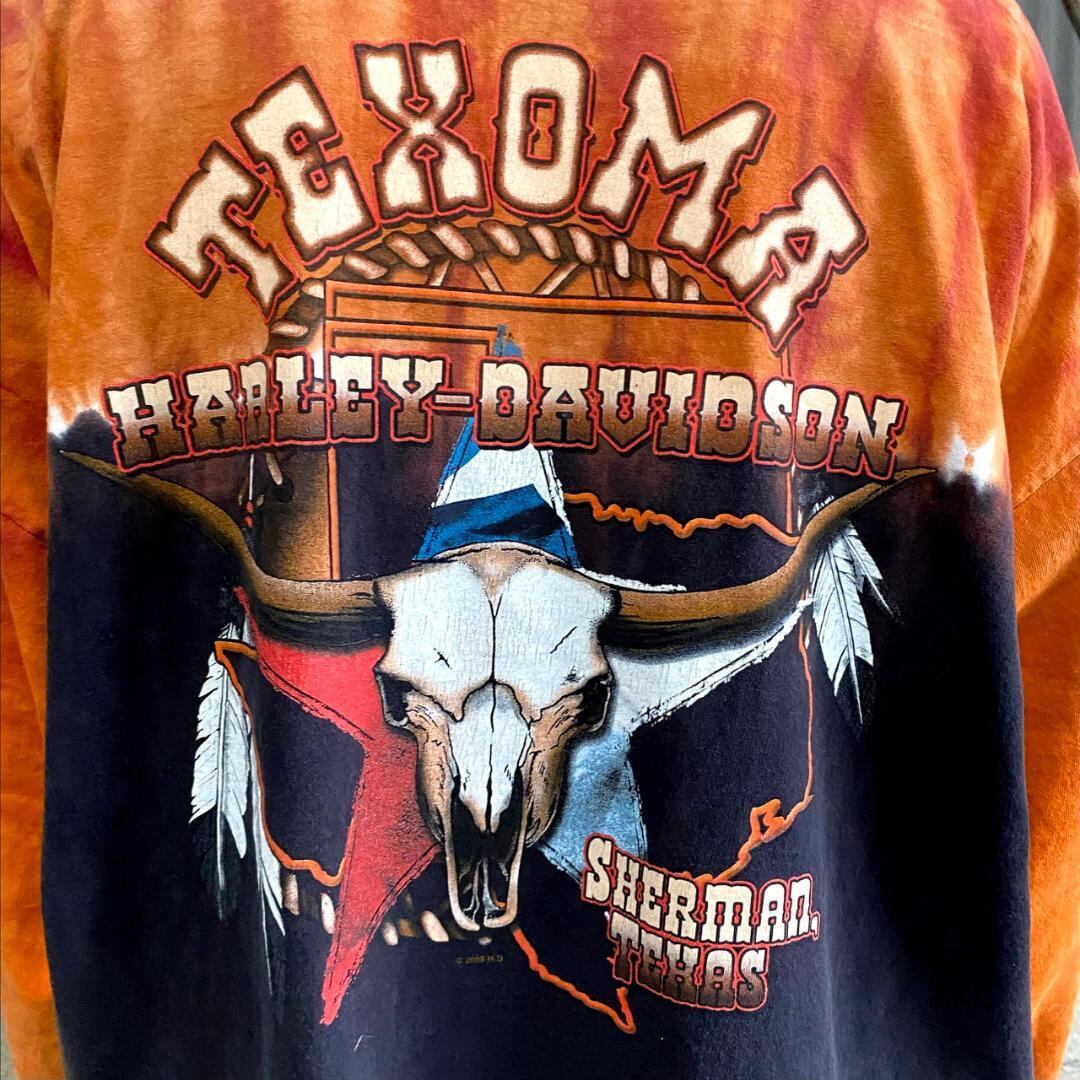 ビッグサイズ USA製 Harley-Davidson ハーレーダビッドソン タイダイ染め ロングTシャツ メンズXXL 古着 バイク  モーターサイクルTシャツ 袖プリント バックプリント オレンジ×ブラック 黒 大きいサイズ【ロングＴシャツ】 | cave 古着屋【公式】古着通販サイト