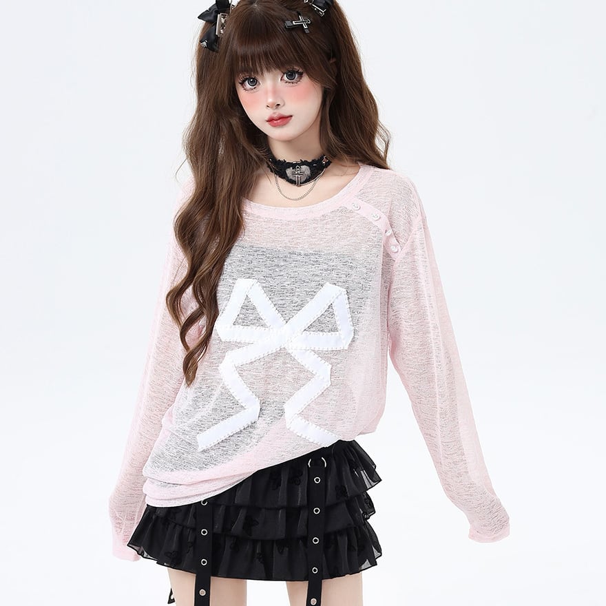 サブカル 服 地雷系 通販 CRAZYGIRL 長袖トップス シアー 透け感 紫外線対策 日除け リボン 闇かわいい ストリート系イラスト 漫画プリント