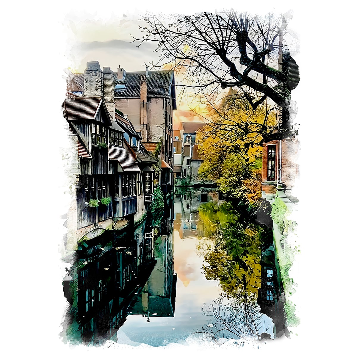 絵画 風景画(街並み) ベルギー ブルージュの運河沿いの風景 インテリア 