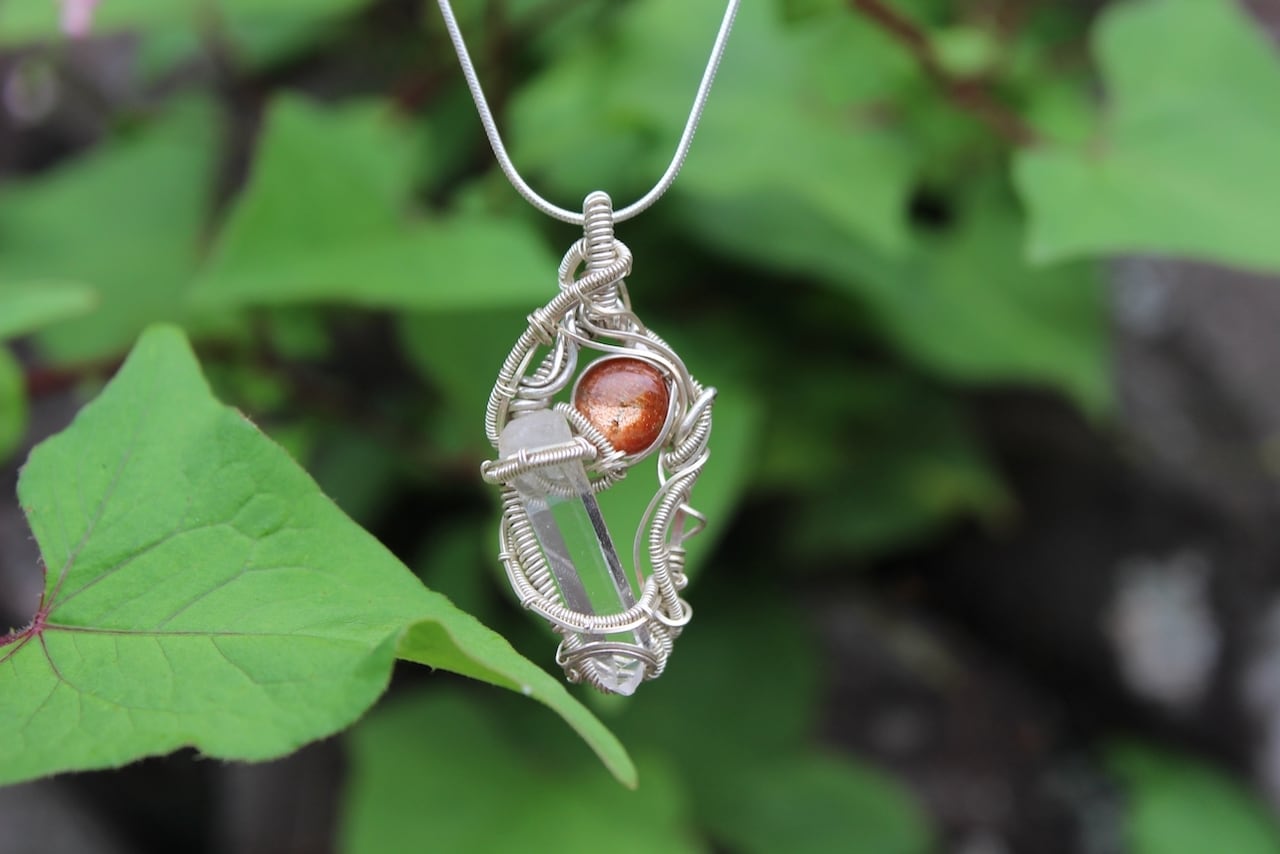 Sunstone & Crystal point  silver925 wire wrapping pendant