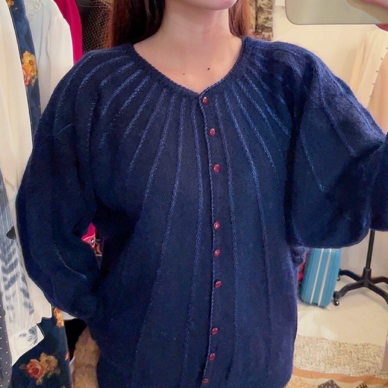 blue radial pattern knit sweater