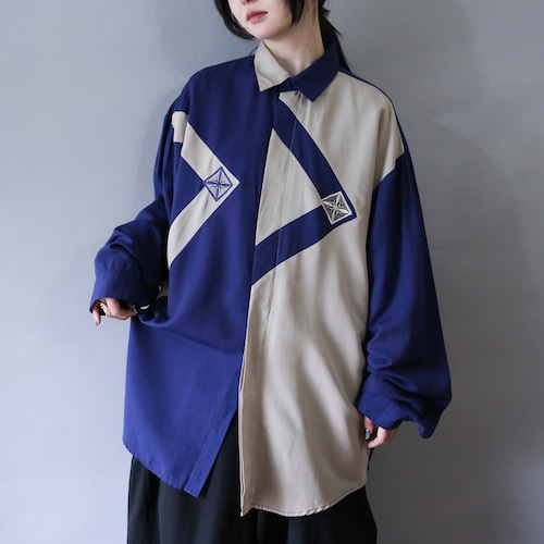 "刺繍" and switching asymmetry design good bi-color over silhouette shirt