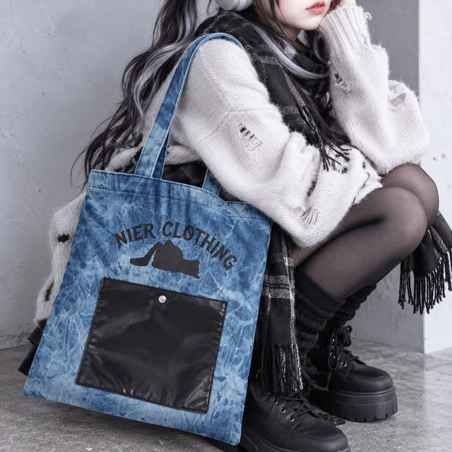WASHED BLUE DENIM STYLE TOTE BAG