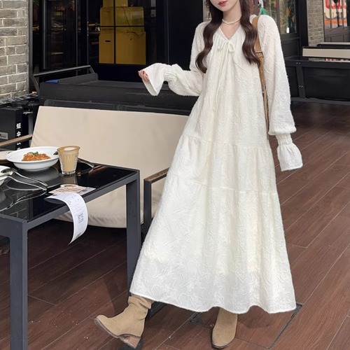 Vネックリボンマキシワンピ ・74652