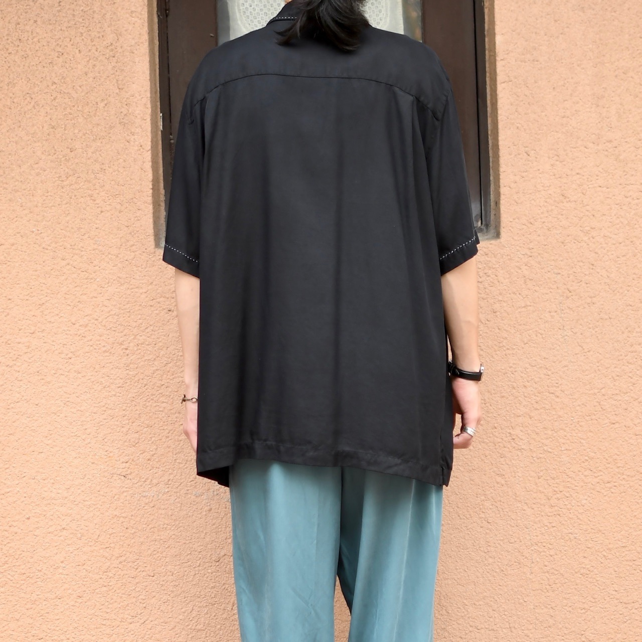 BARANDINI stitch design silk open collar shirt