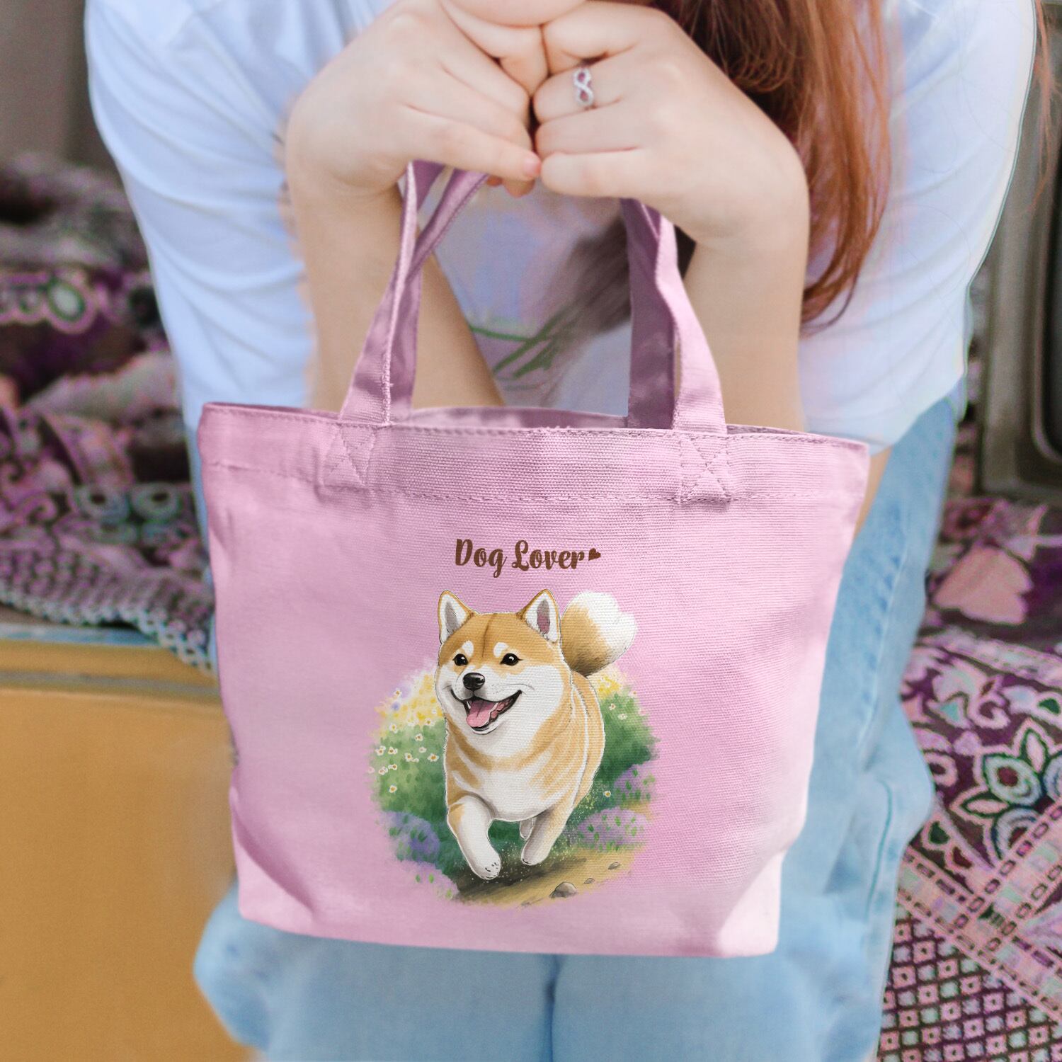 自然に囲まれた 柴犬 】 ミニキャンバス トートバッグ 犬 ペット うち