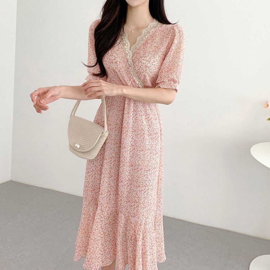 【dress】レースドッキング花柄ワンピース M32765