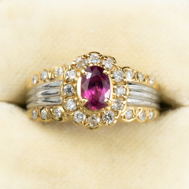 【日本の作品】昭和レトロ お花 フラワー 取り巻き デザイン ヴィンテージ リング K18 Pt900 コンビカラー ルビー ダイヤモンド ～気品と可憐さをお手元に～　MOR00639