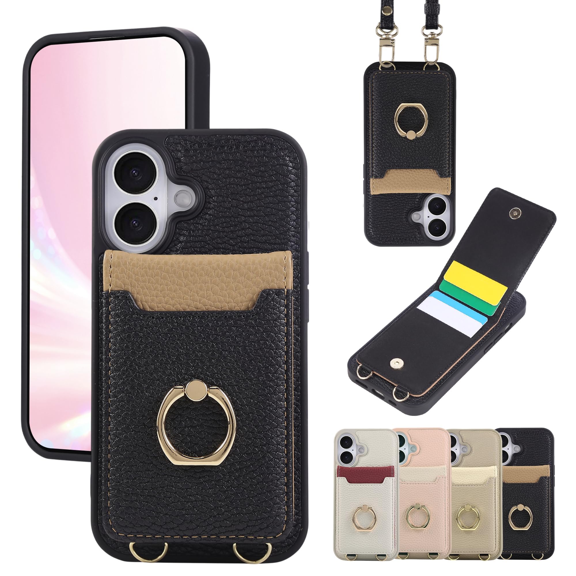 TENSIK iPhone 16 用 ケース 背面手帳型 ショルダー カード収納 スマホケース PUレザー いphone16 対応 ストラップ付き 斜めがけ あいふぉん16 横置きスタンド機能 全面保護 リング付き 調節可能 小銭入れ カード入れ おしゃれ 女性 肩掛け ブラック