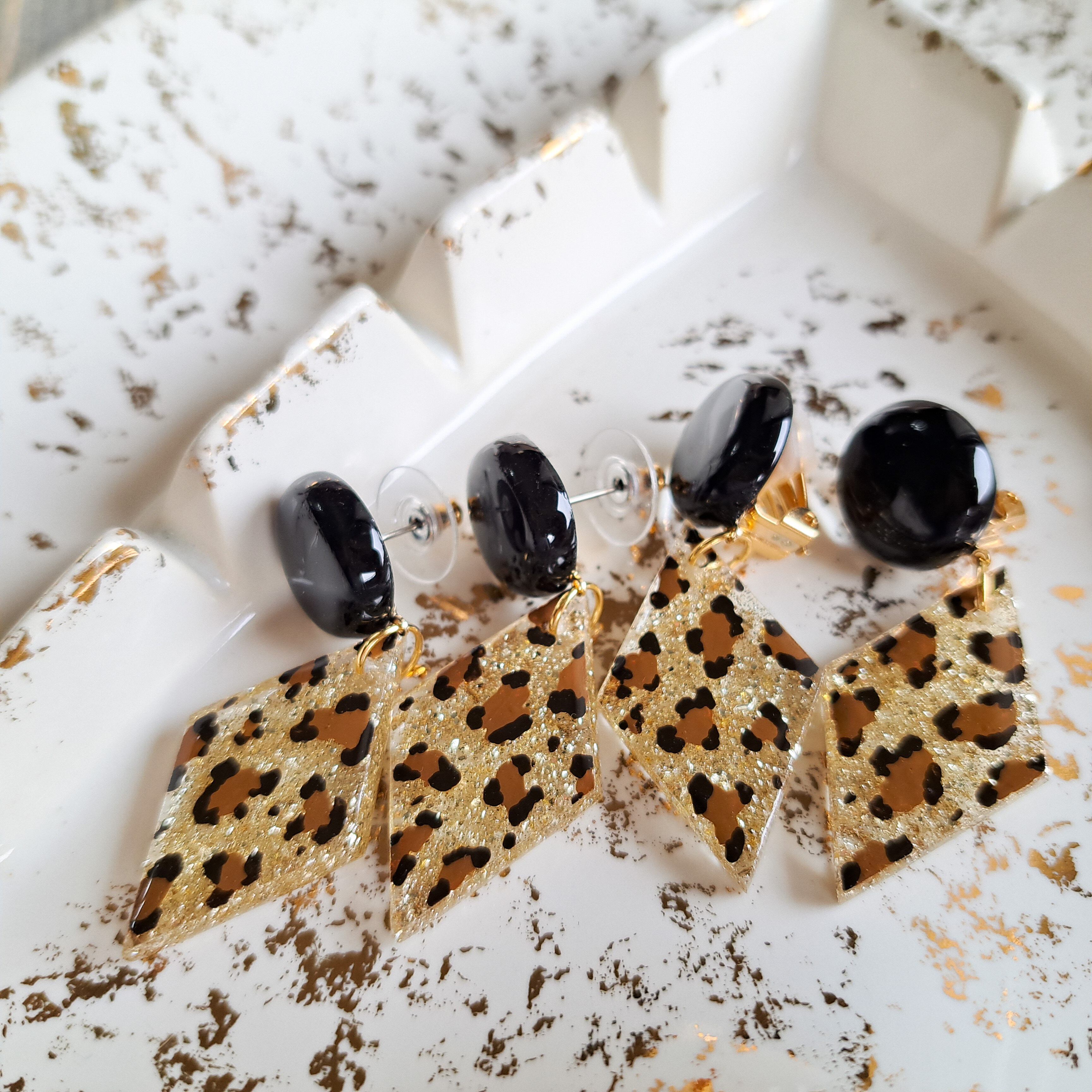 レオパードダイヤピアス・イヤリング【ブラック】ヒョウ柄ピアス 豹柄