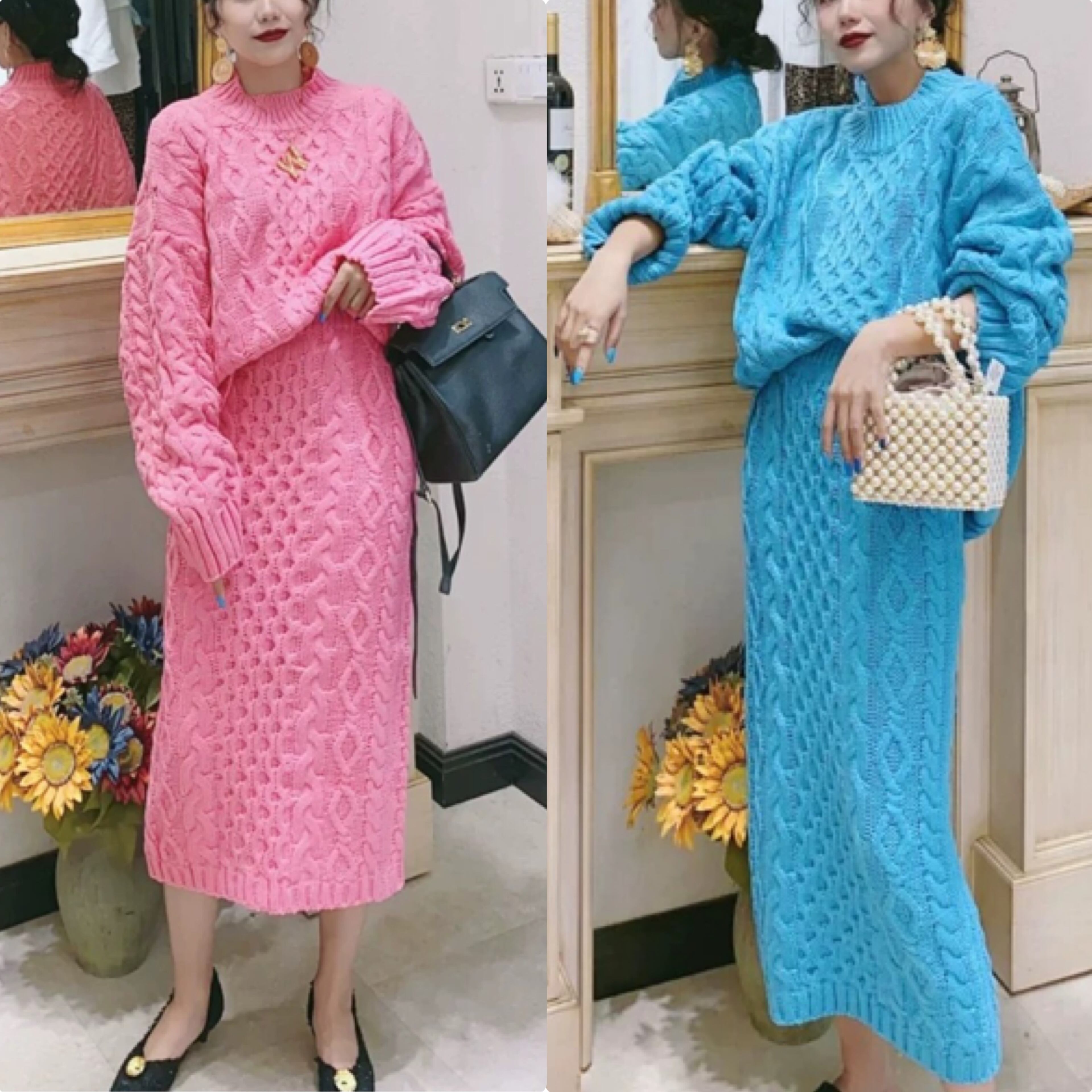 みどり⭐︎ブルーワイドリブカーデandピンクシアーワンピ 4カラー】ピンク ブラウン 茶色 白 ホワイト ブルー 水色 セットアップ