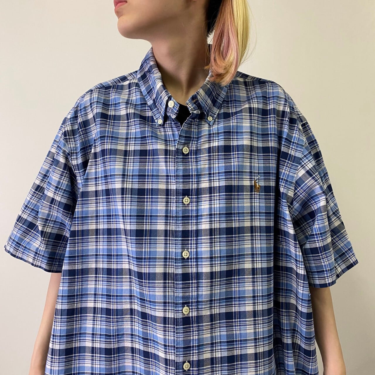 ビッグサイズ Ralph Lauren ラルフローレン ボタンダウン 半袖 チェックシャツ メンズ2xl 古着 ブルー 青色 白 大きいサイズ 半袖シャツ Cave 古着屋 公式 古着通販サイト