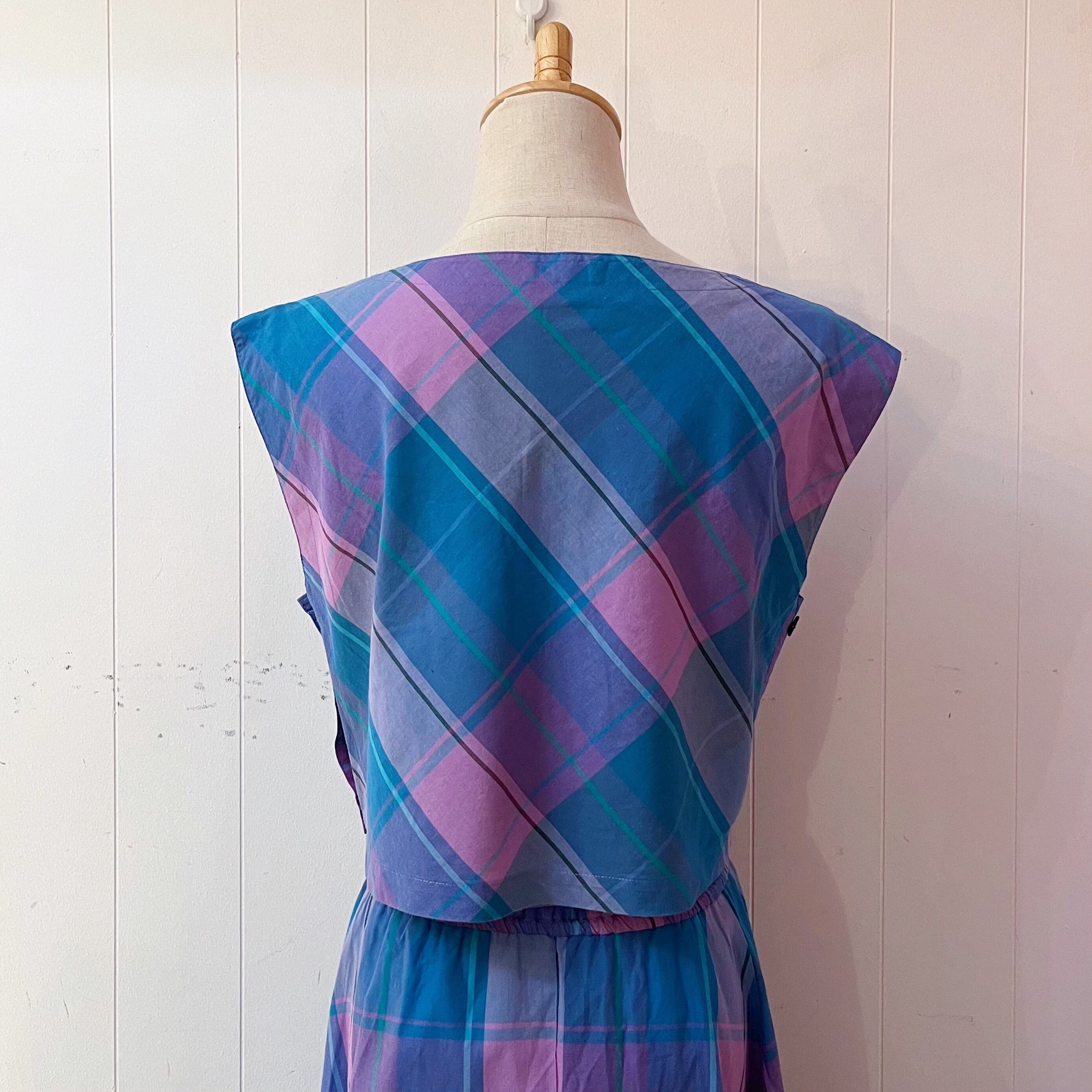 blue pink check ensemble one-piece