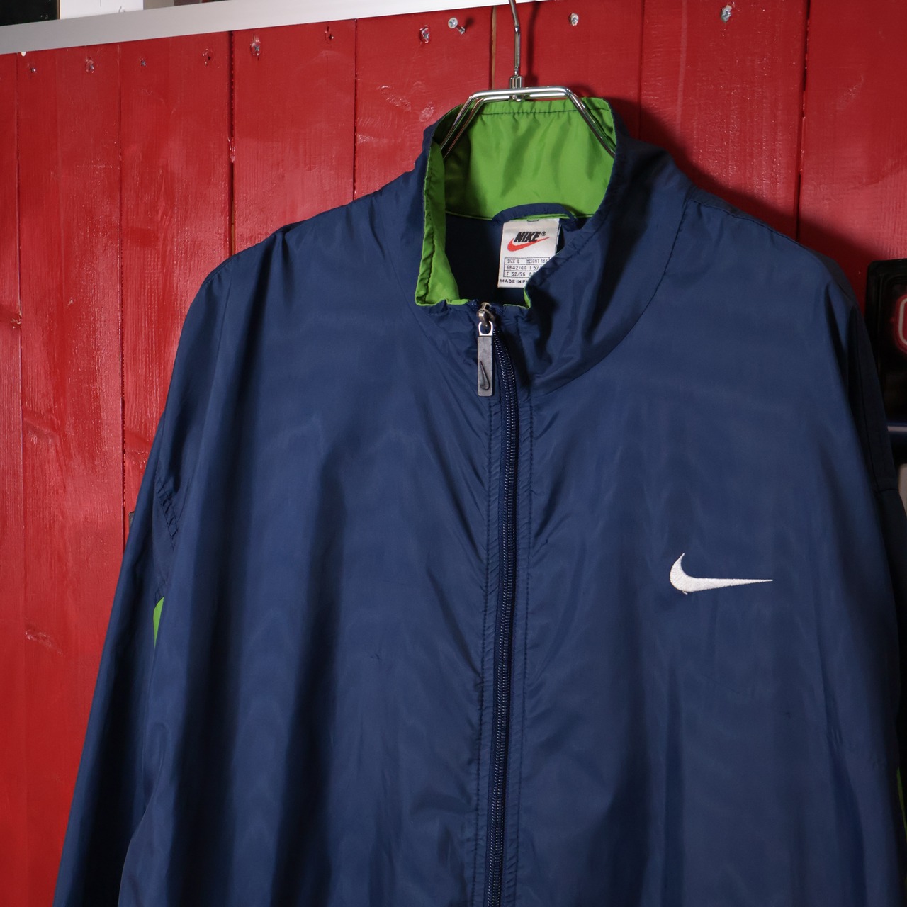 90s NIKE ナイロンジャケット　ネイビー×黄緑　ドローコード　L ナイキ