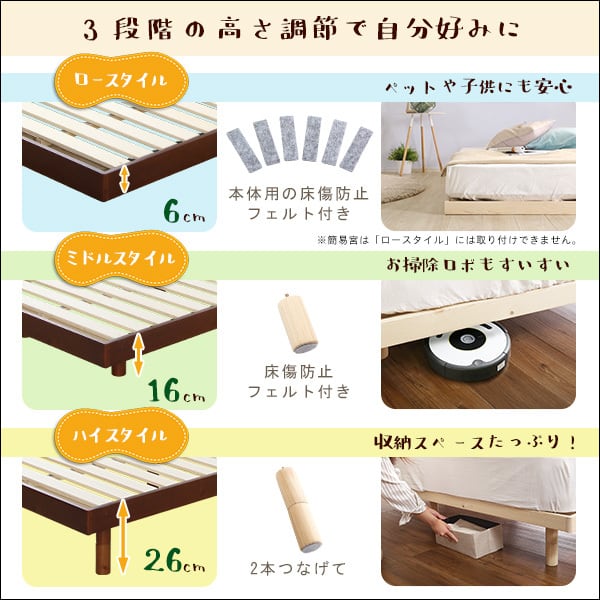 簡易宮セット】パイン材高さ3段階調整脚付きすのこベッド（シングル