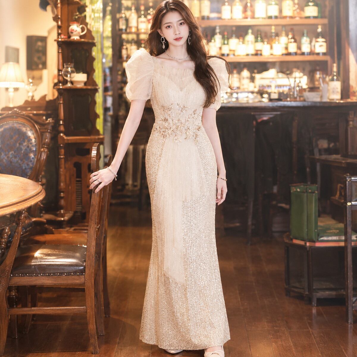 Puff Sleeve Embroidered Sequin Dress V3601