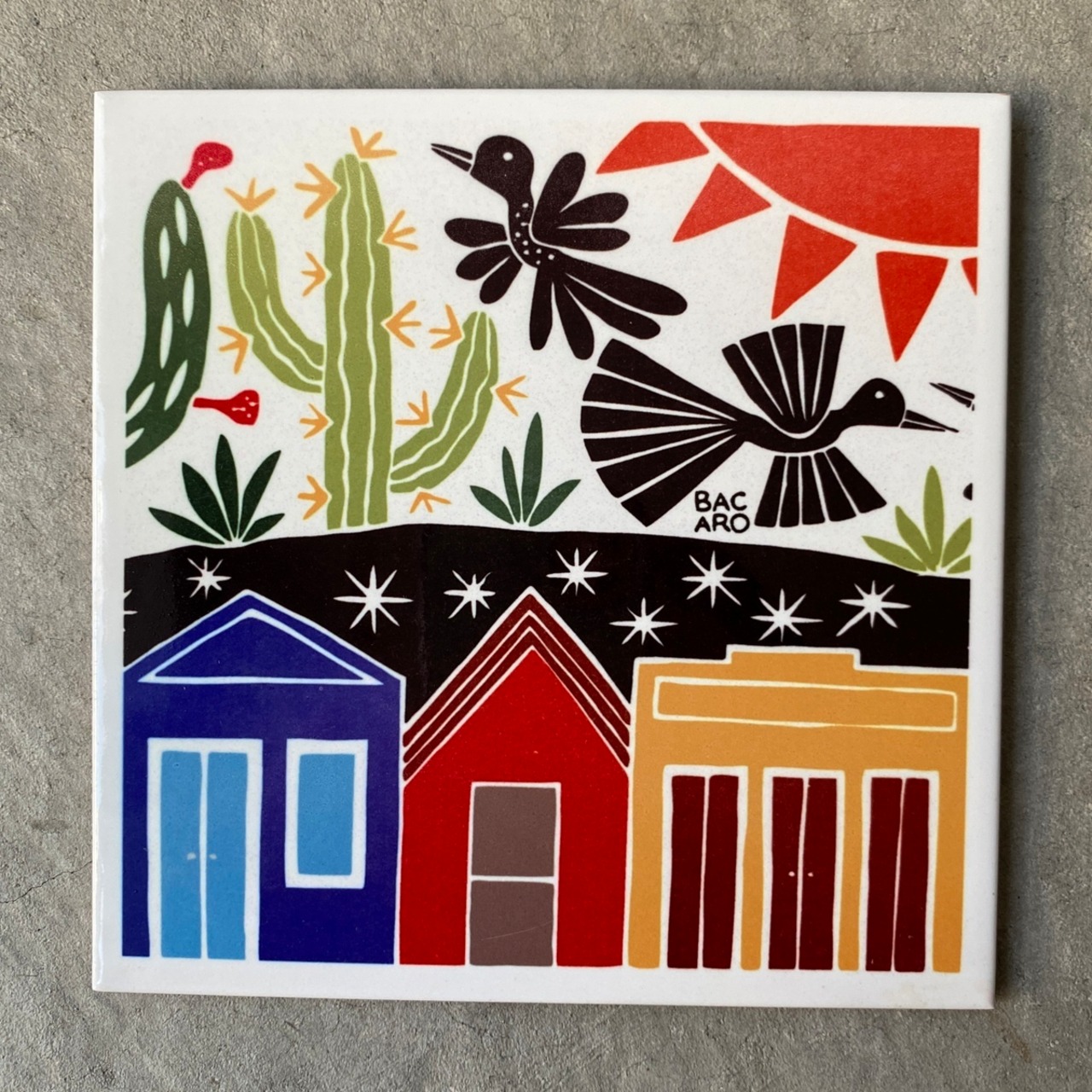 ボルジェス木版画 BACARO BORGES タイル『昼の鳥と夜の家』