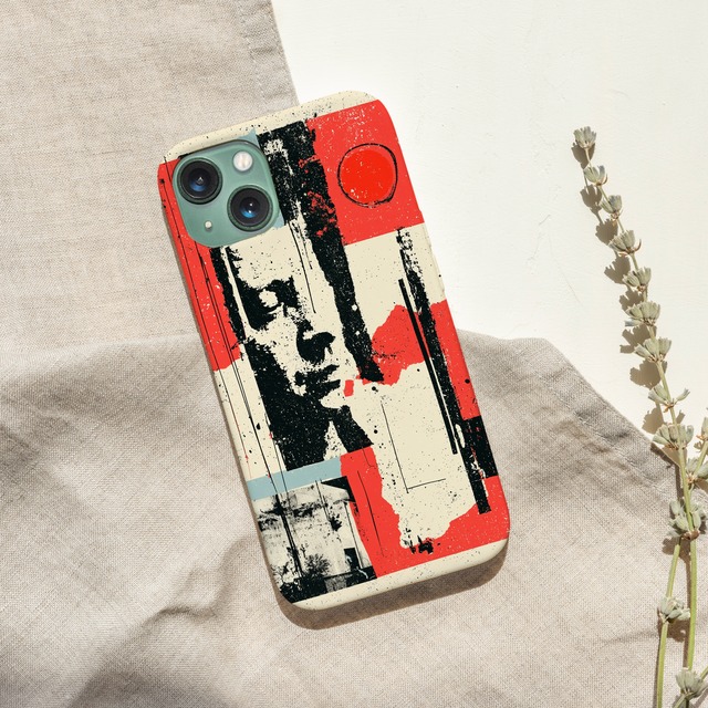 受注生産 iPhoneケース 赤黒ブルーの縦長コラージュ｜ZINE風 ZINE004B