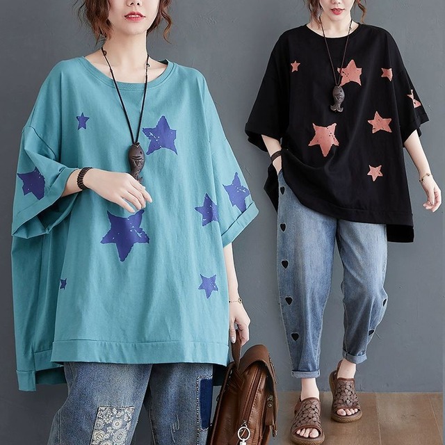 STAR PRINT ROUND NECK OVERSIZED T-SHIRT 2colors M-13719