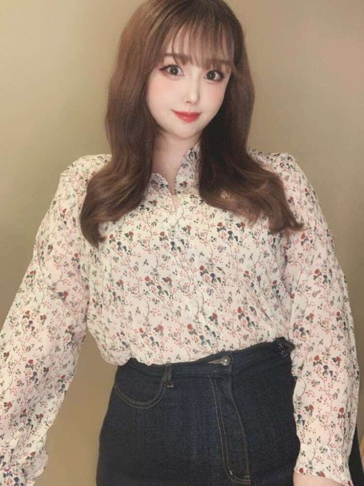 ノーカラーVネック草花柄ブラウス フェミニンコーデ パフスリーブ 長袖 レトロ 大きいサイズ 韓国 CH4141