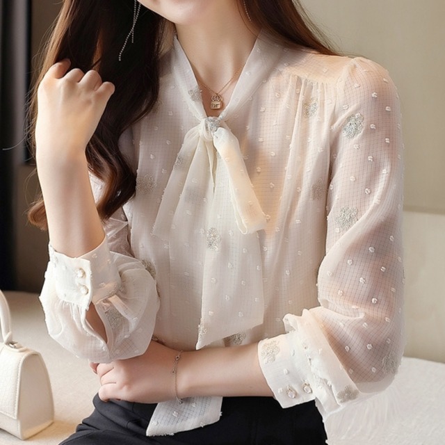 Chest ribbon elegant chiffon blouse