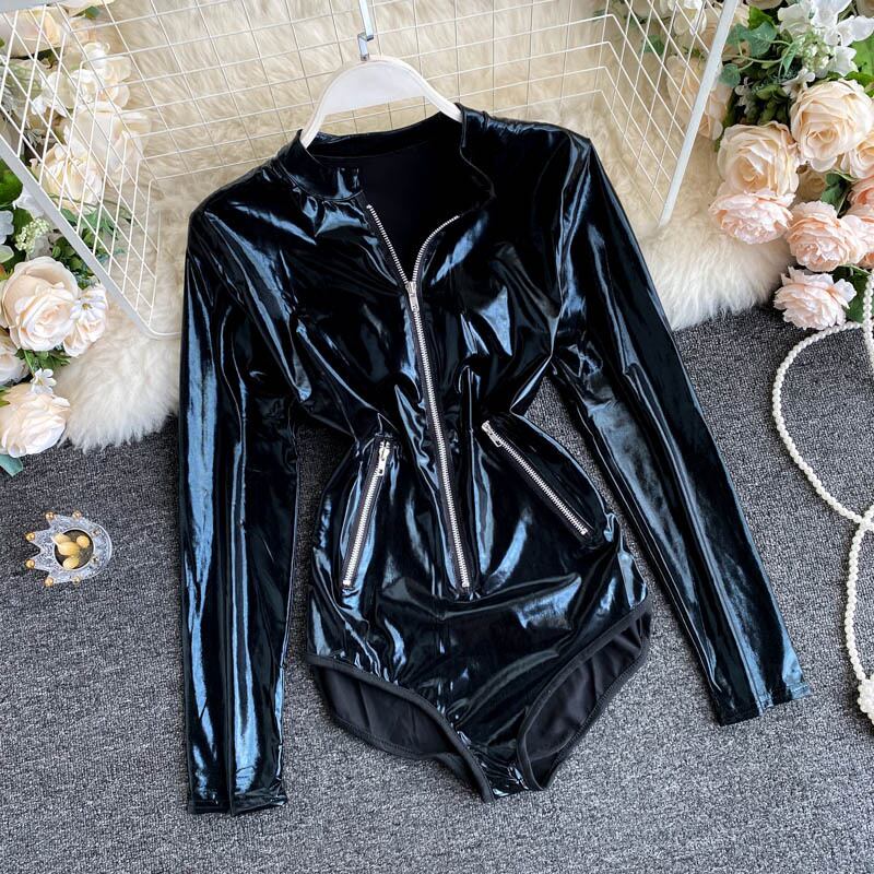 送料無料 PUレザーボディスーツセクシークラブウェアプレイスーツ長袖
