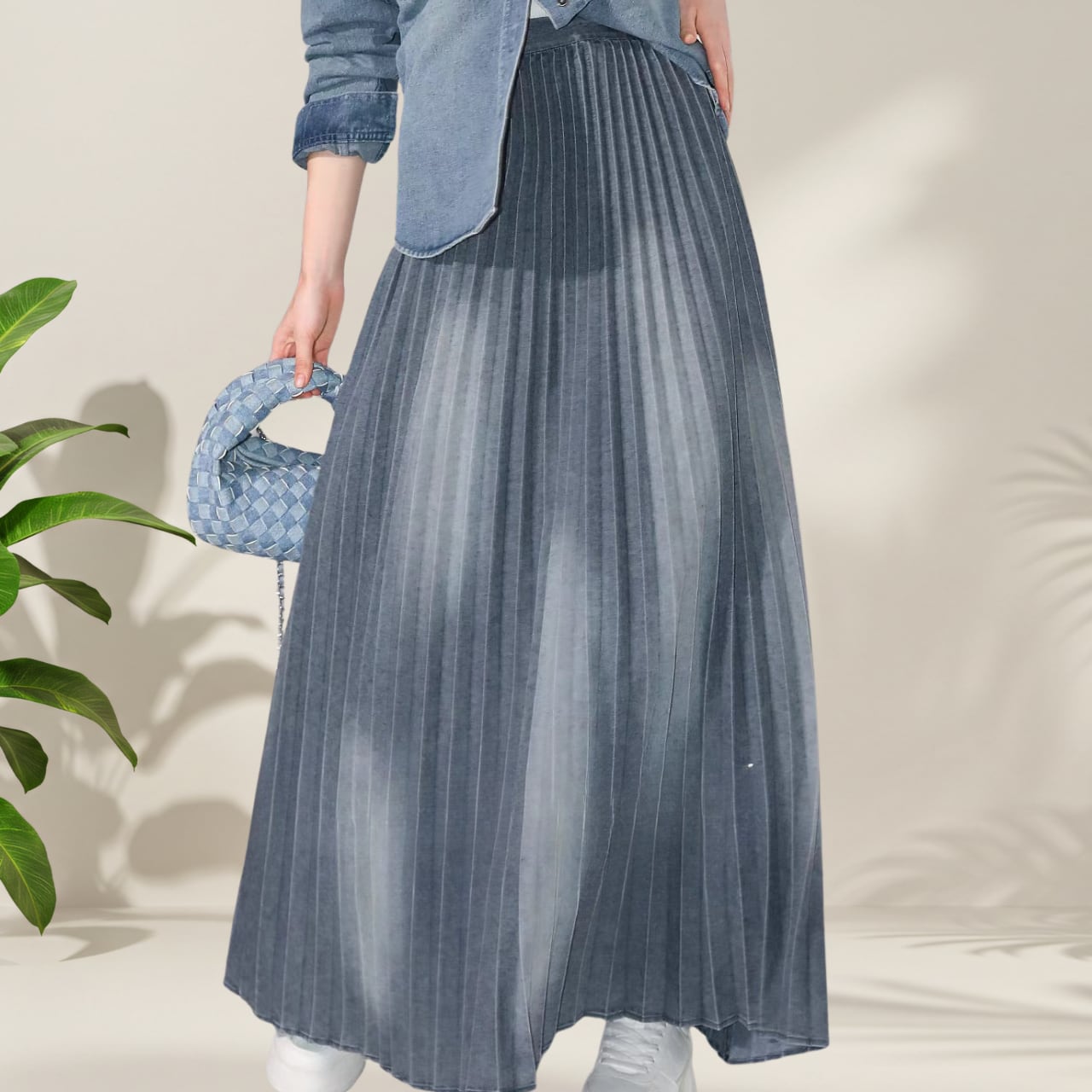 プリーツ ウォッシュデニムロングスカート 00017