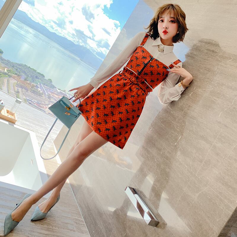 プリントソリッド カラーシャツ ハイウェストAラインスカート オータム 秋物 ソリッドカラー MIUCO842715805