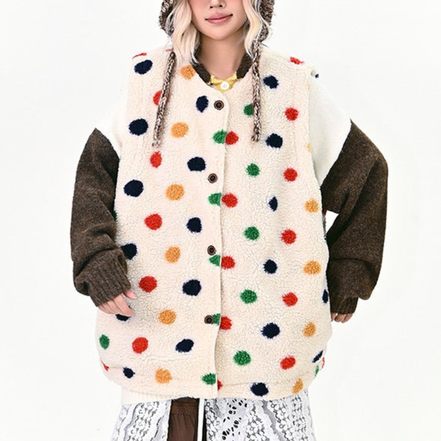 dot x check reversible boa vest　ドット×チェックリバーシブルボアベスト　J1655