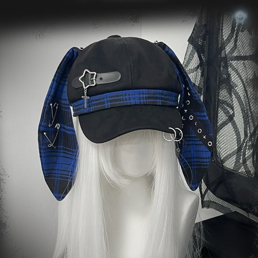 深淵のロップイヤー|安全ピン&十字架チャーム付ウサ耳キャスケット 地雷系パンク帽子