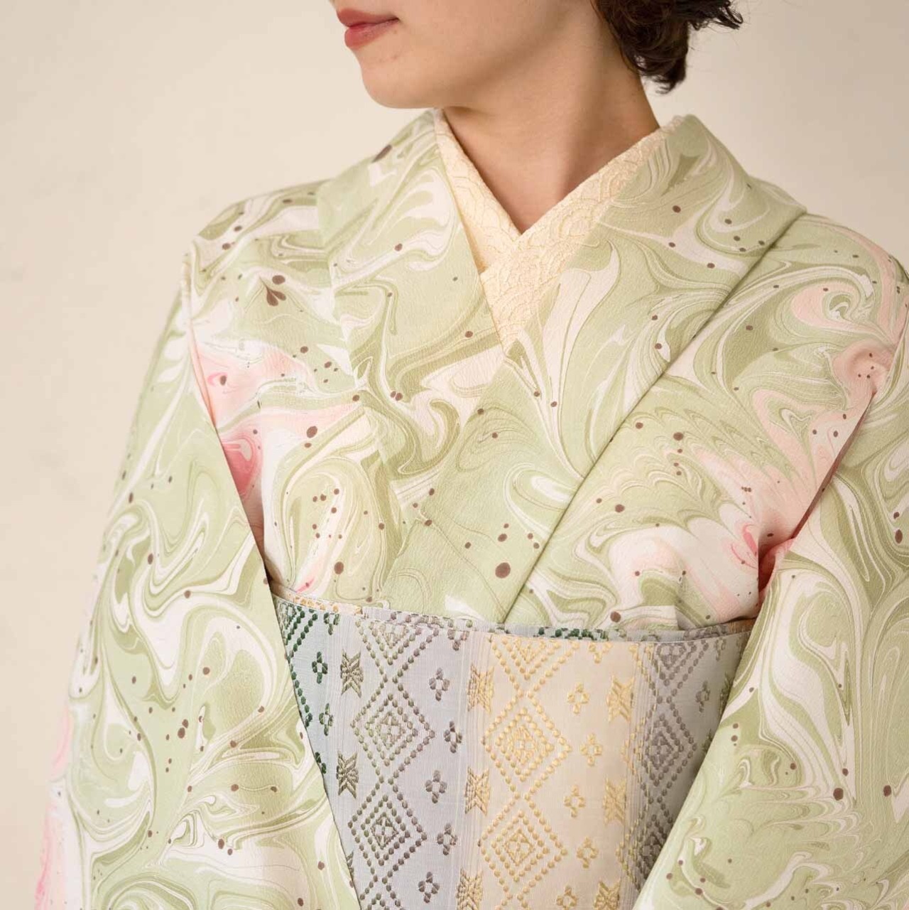 《ピスタージュ×ストロベリークリーム》❤︎マーブル柄〜洗えるきもの(シルジェリー)〜