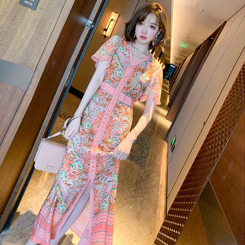 スタンダードプリント柄Vネックスリーブドレス サマー レトロ 夏物 MIUCO23147866160