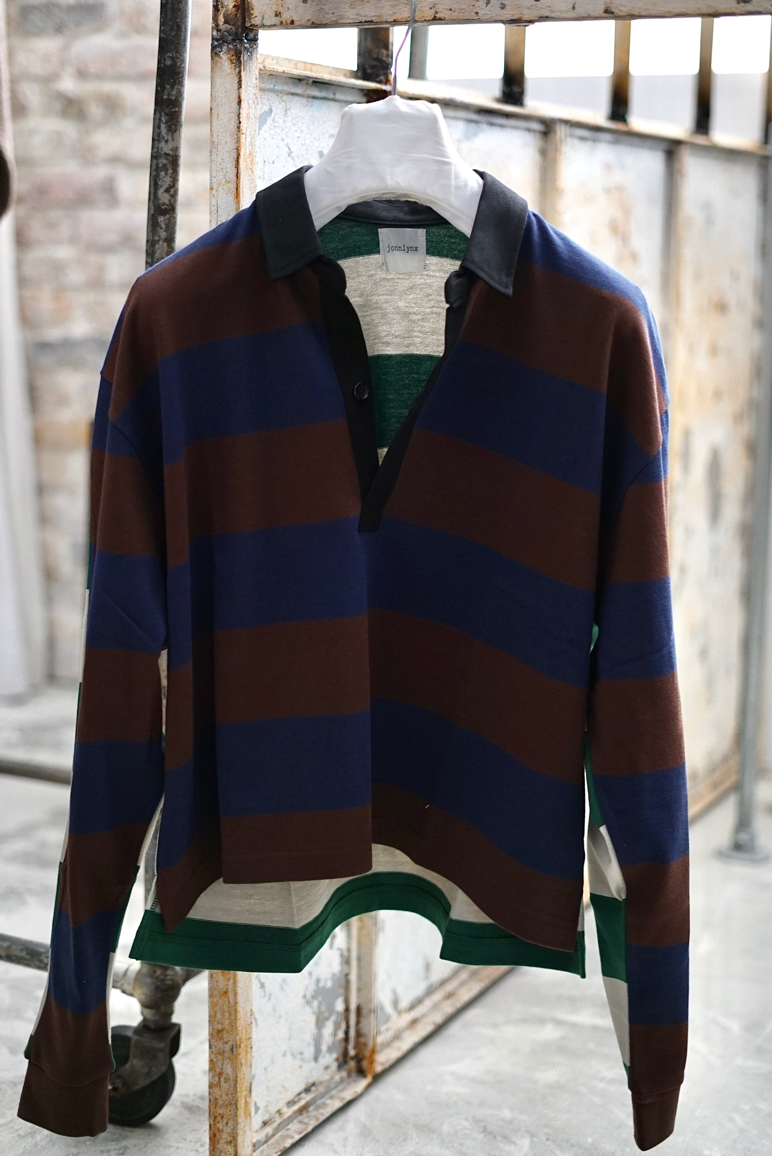 jonnlynx / border rugger shirt (navy×brown mix , green×gray mix