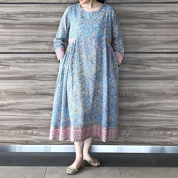【SALE50%OFF!】 サイドギャザーワンピース スカイブルー×ピンク XLサイズ (ワンサイズ大きめ)