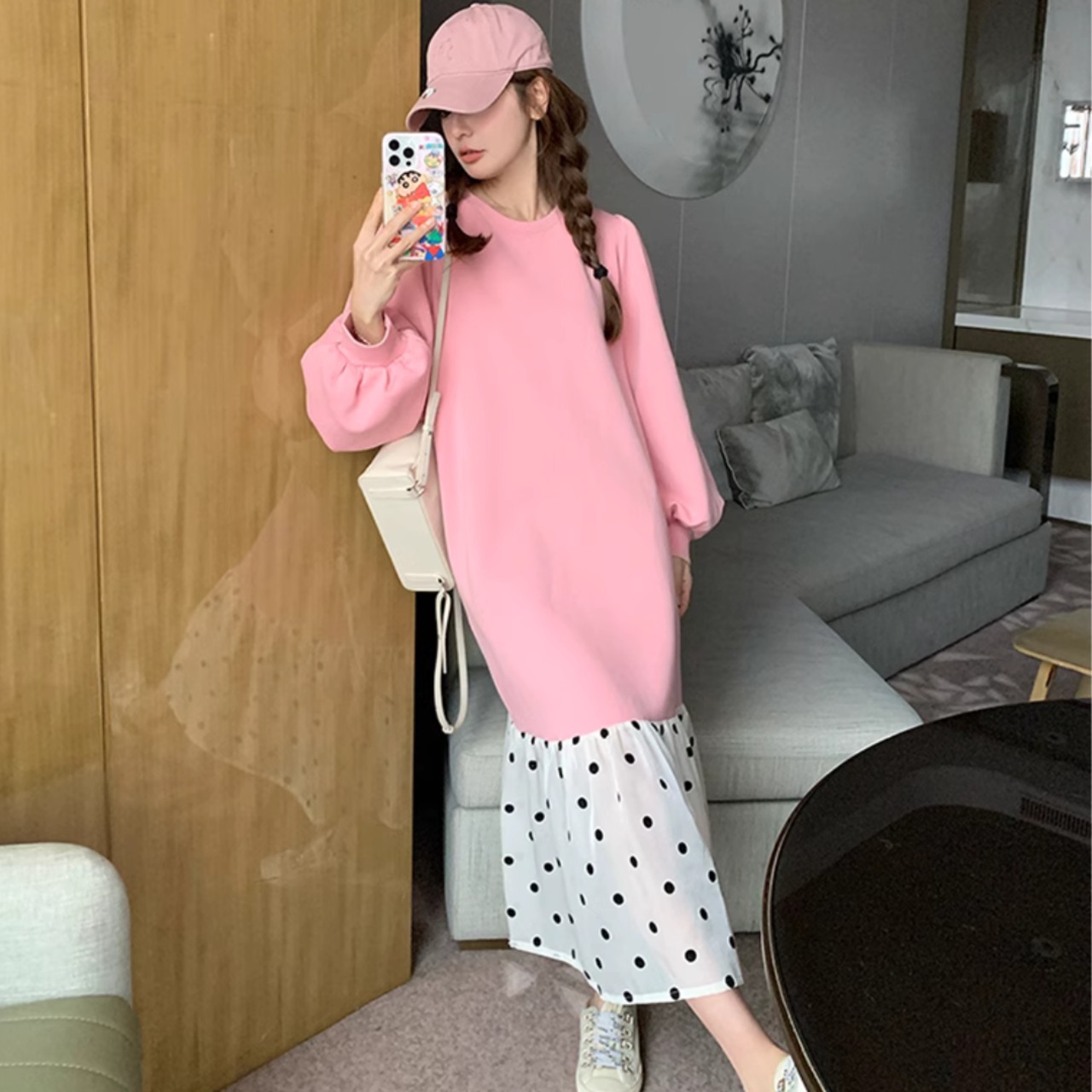 Pink Polka Dot Patchwork Sweatshirt Dress 5068