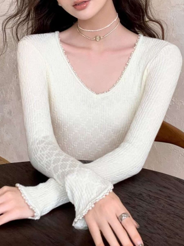 3colors ：：Pearl Trim Knit Top