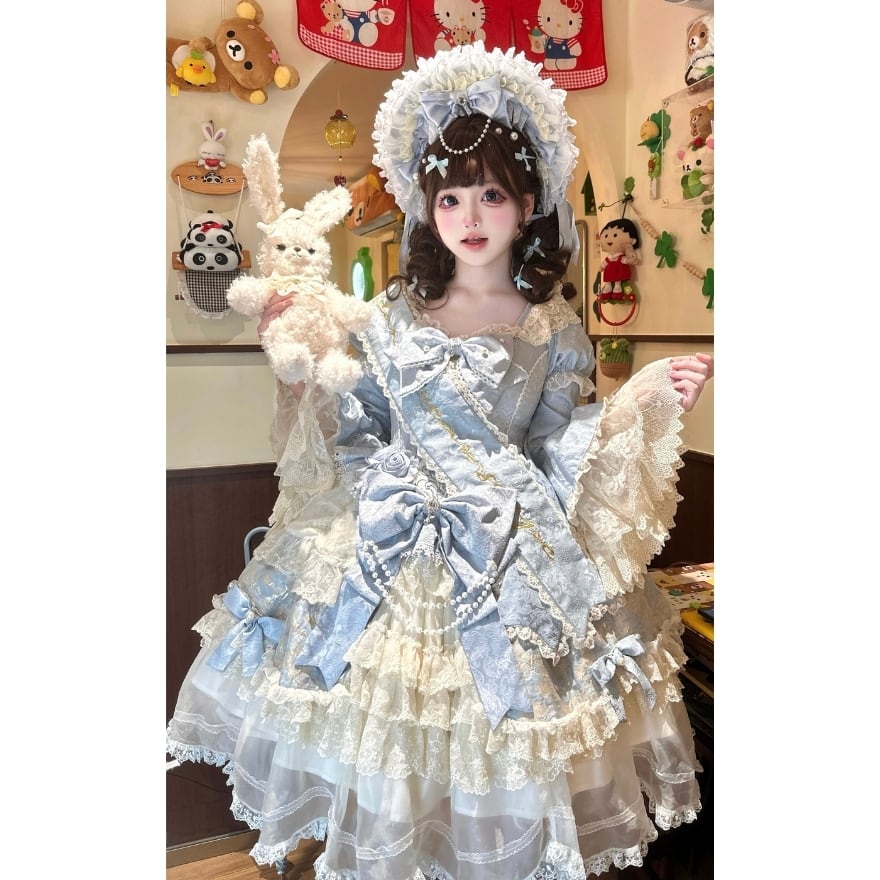 甘ロリセットアップ 水色×白 ボンネット×トレイン付き 豪華姫系ドレス
