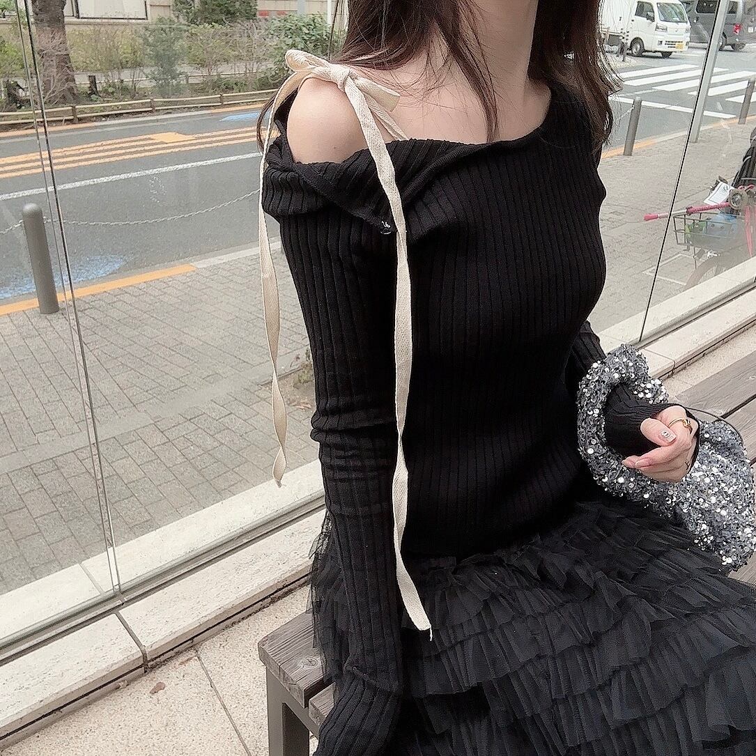 One shoulder rib knit / black (4月中旬頃発送予定)